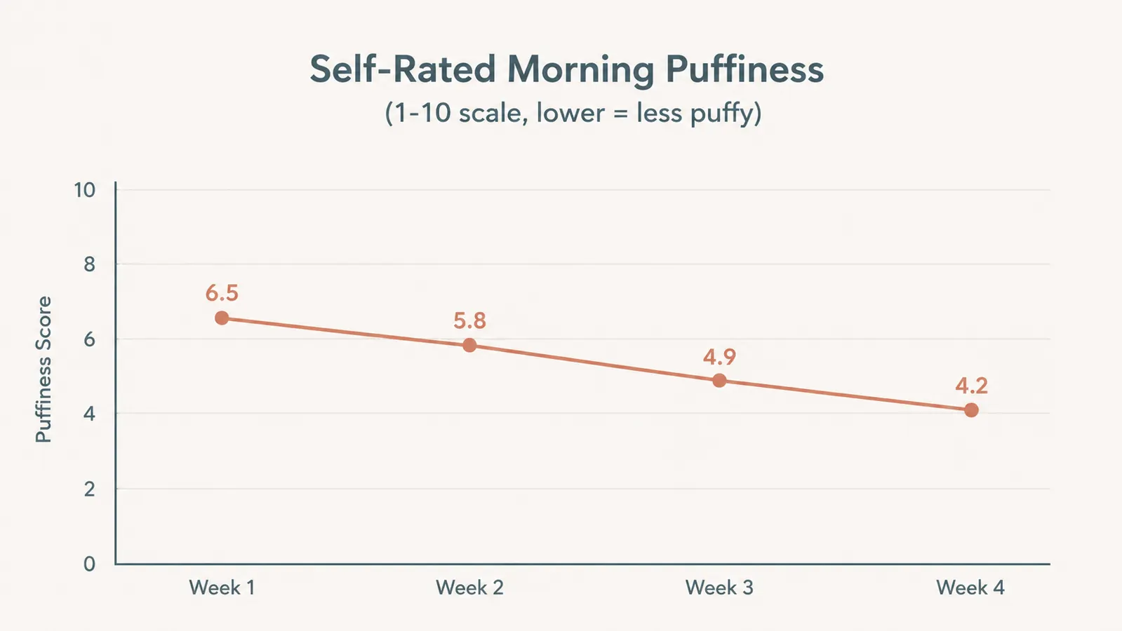 Line chart showing self-rated morning under-eye puffiness dropping from 6.5 to 4.2 over four weeks
