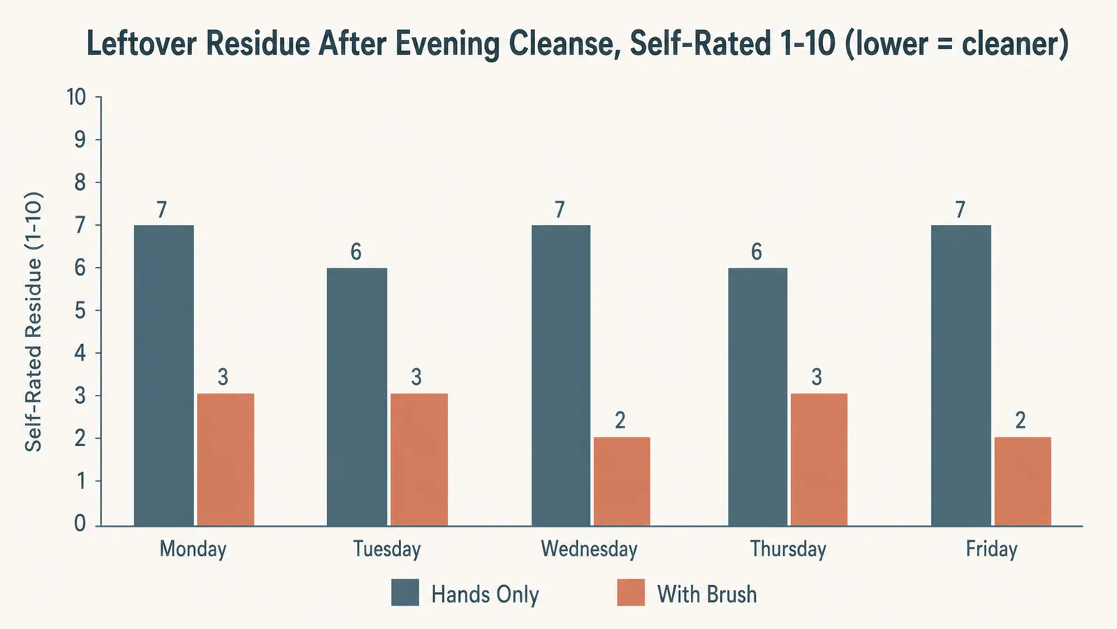 Bar chart comparing self-rated leftover residue after evening cleansing with hands versus with a silicone brush across one week