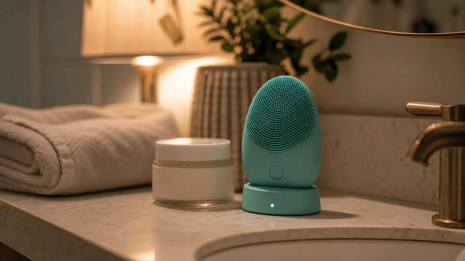 Bathroom counter at night with a small silicone cleansing brush resting beside a moisturizer jar and folded towel