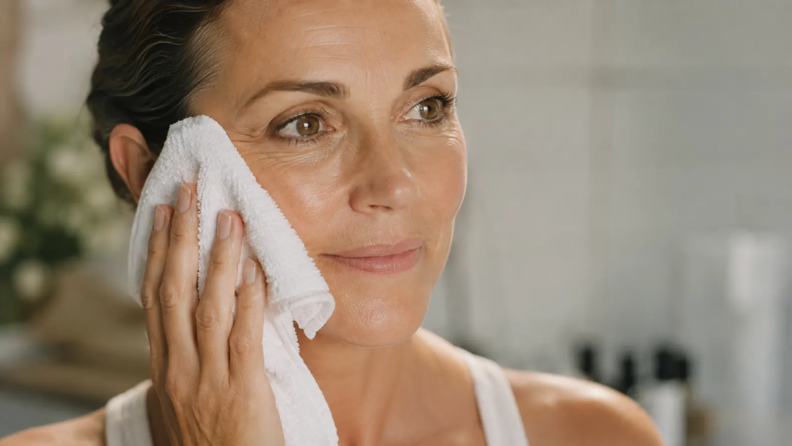 Close-up of a woman patting her face dry with a soft towel after washing