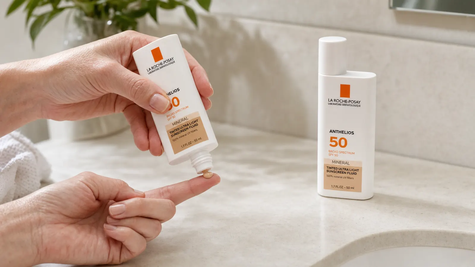 Hand squeezing a small amount of tinted sunscreen fluid onto a fingertip beside the bottle