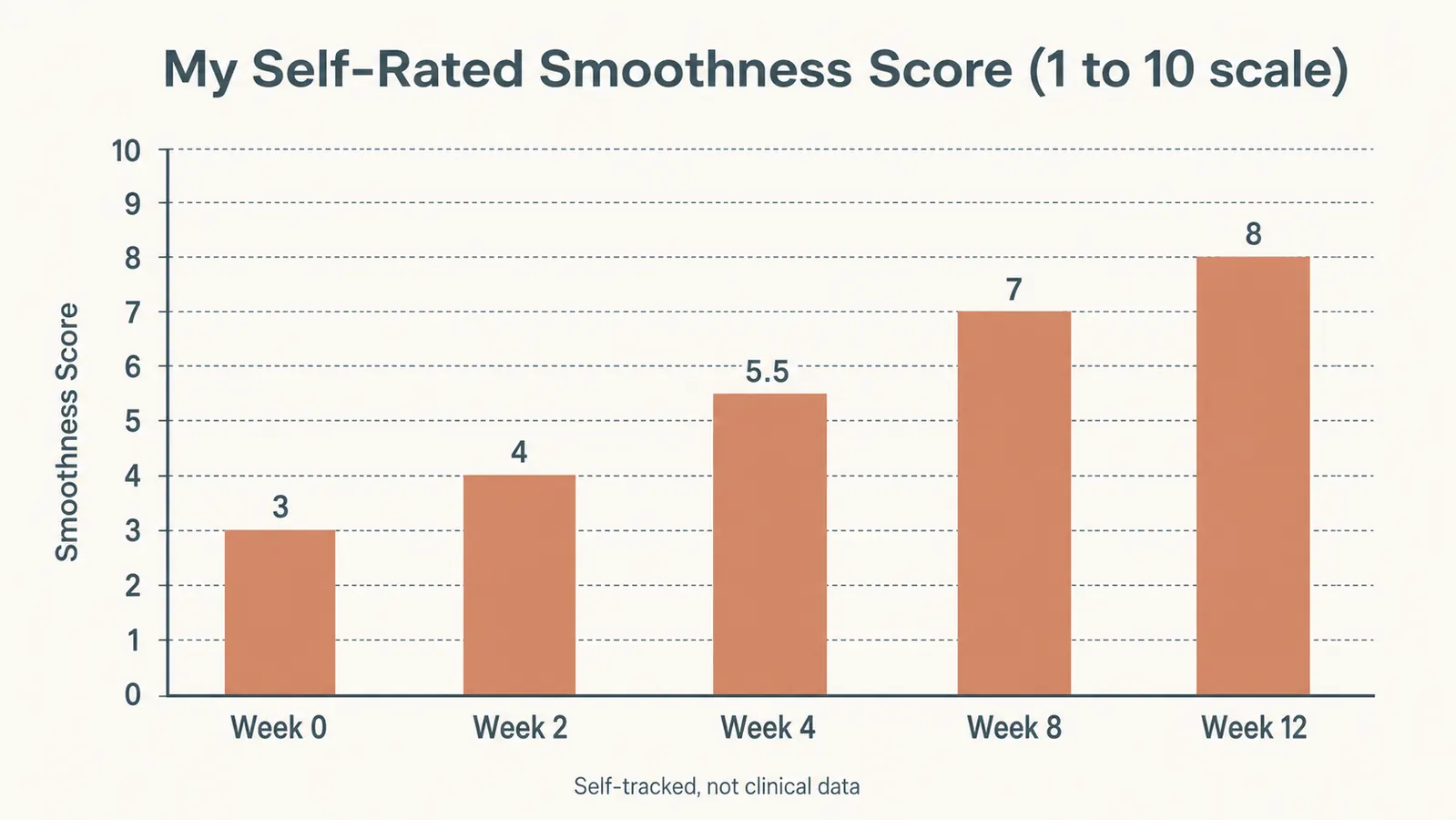 Bar chart showing self-rated skin smoothness scores rising from week 0 to week 12 of nightly retinol moisturizer use
