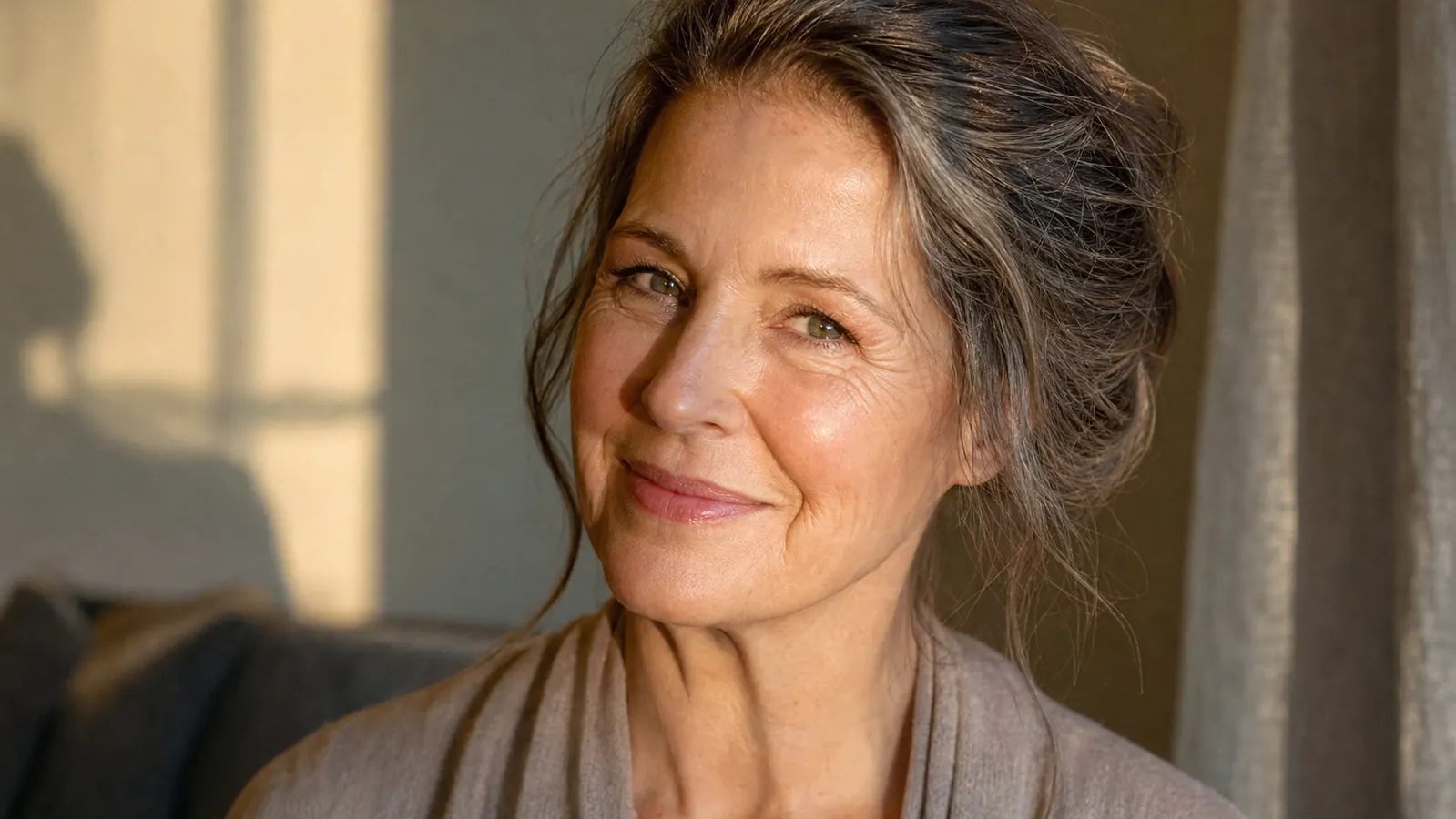 Close-up of a woman's smiling face in golden hour light showing smooth, even skin texture