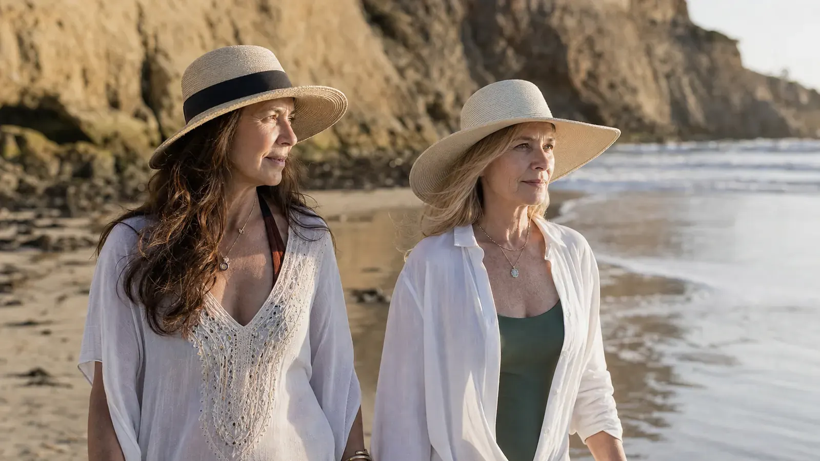 Two women walking along the shoreline at golden hour, both in sun hats, comfortable and unbothered by the fading light
