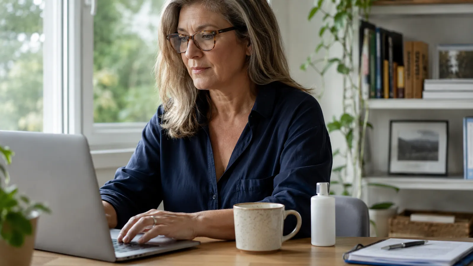 Woman working at a home office desk near a window, sunscreen bottle visible on the desk beside a laptop, calm focused expression