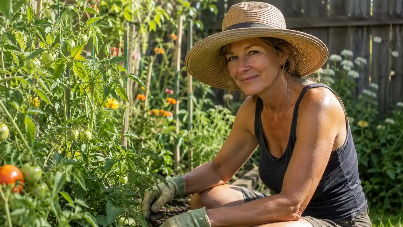 A woman kneeling in a backyard garden bed on a bright afternoon, wide sun hat pushed back, visibly comfortable skin with no shine or white residue