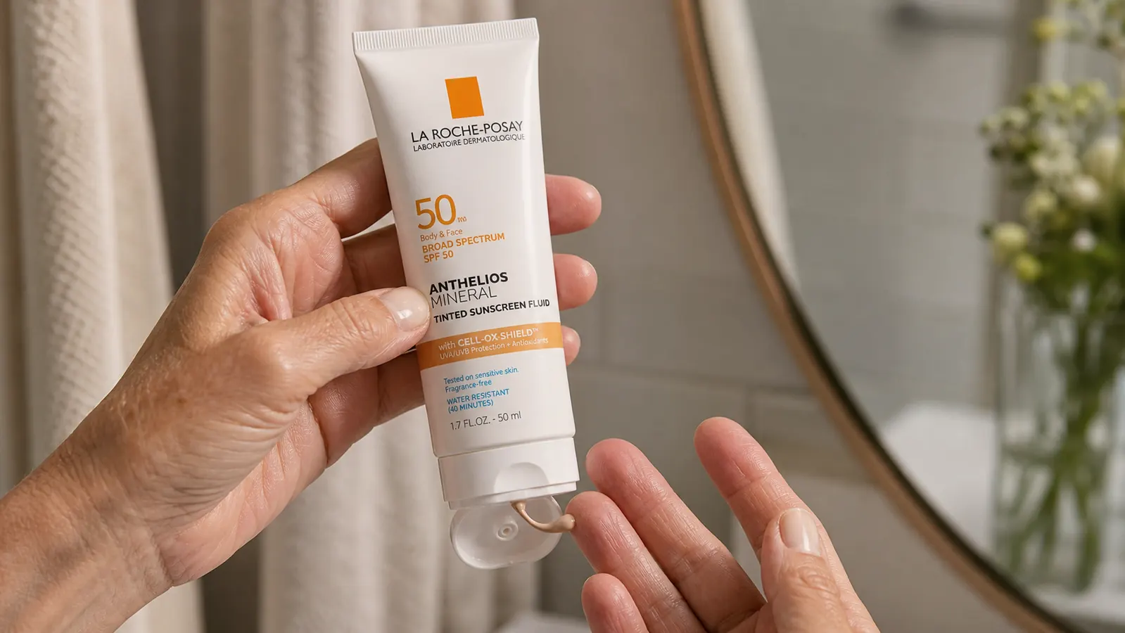 A hand squeezing a small dollop of tinted sunscreen fluid onto fingertips in front of a bathroom mirror