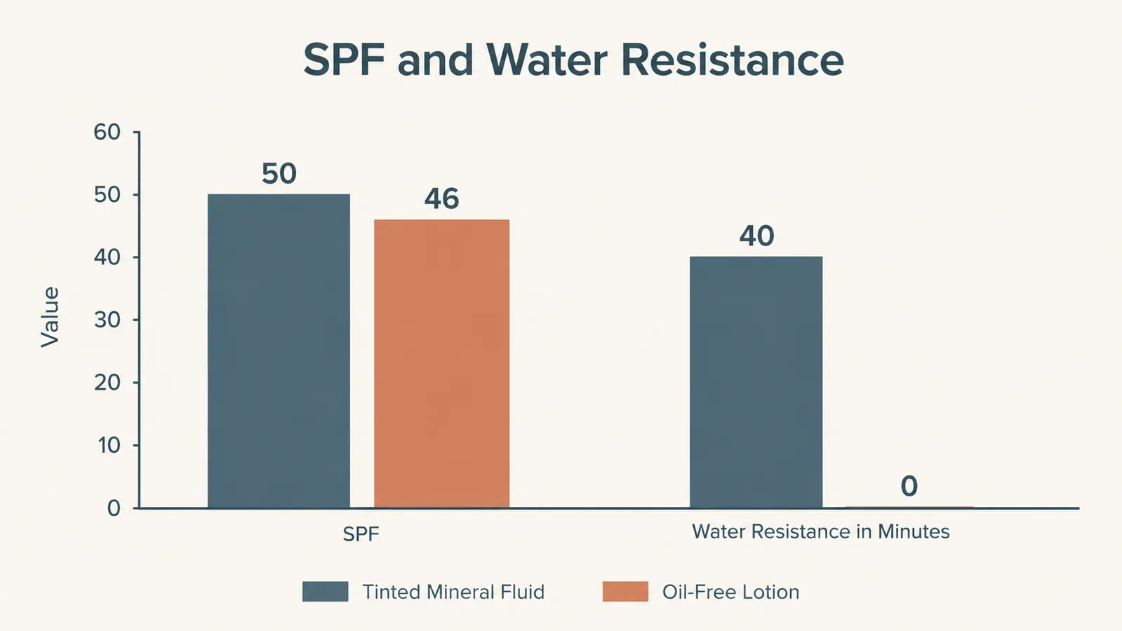 Bar chart comparing SPF rating and water resistance minutes between the two sunscreens