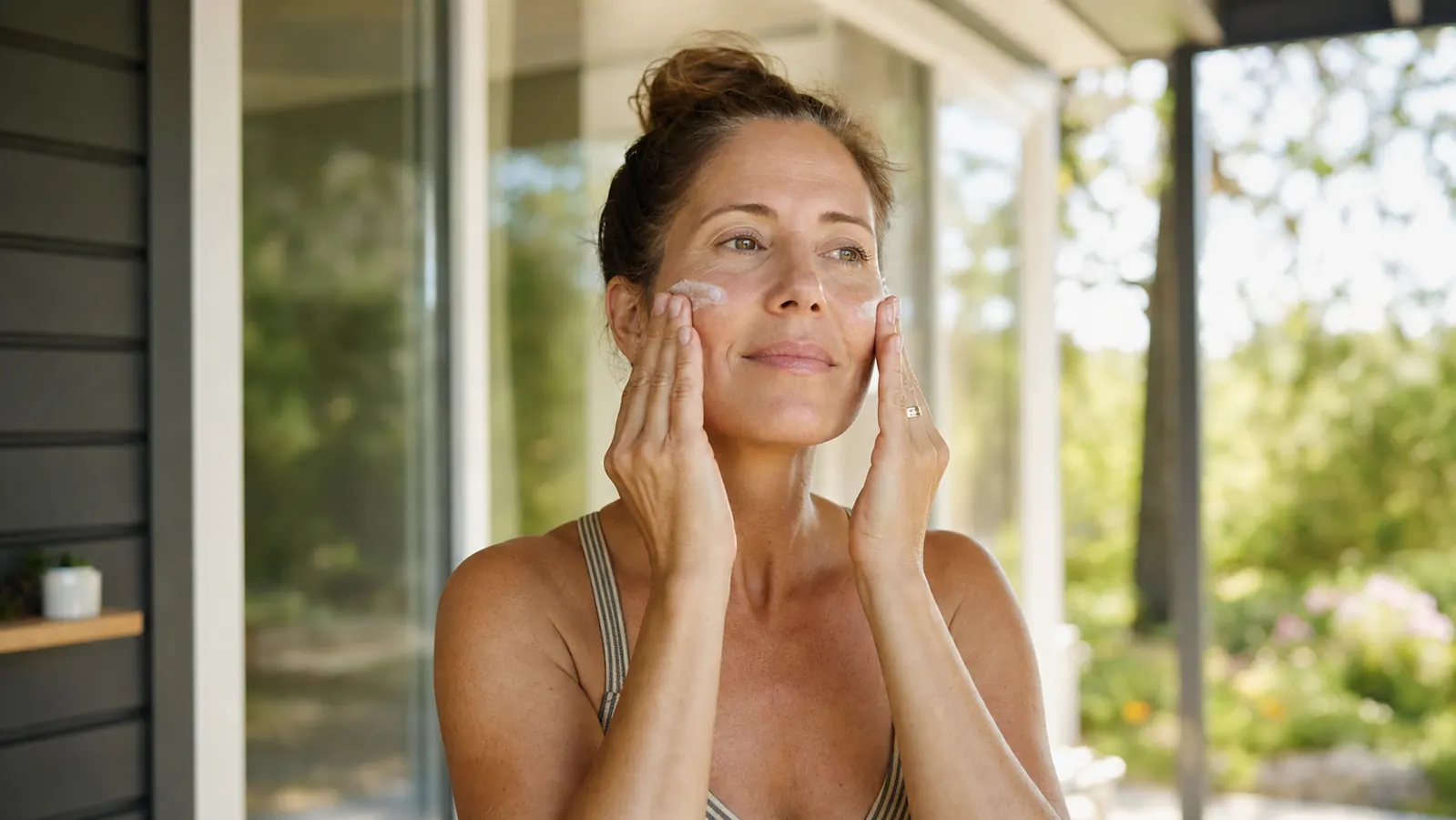 A woman on a sunny porch patting sunscreen onto her cheeks before heading outside