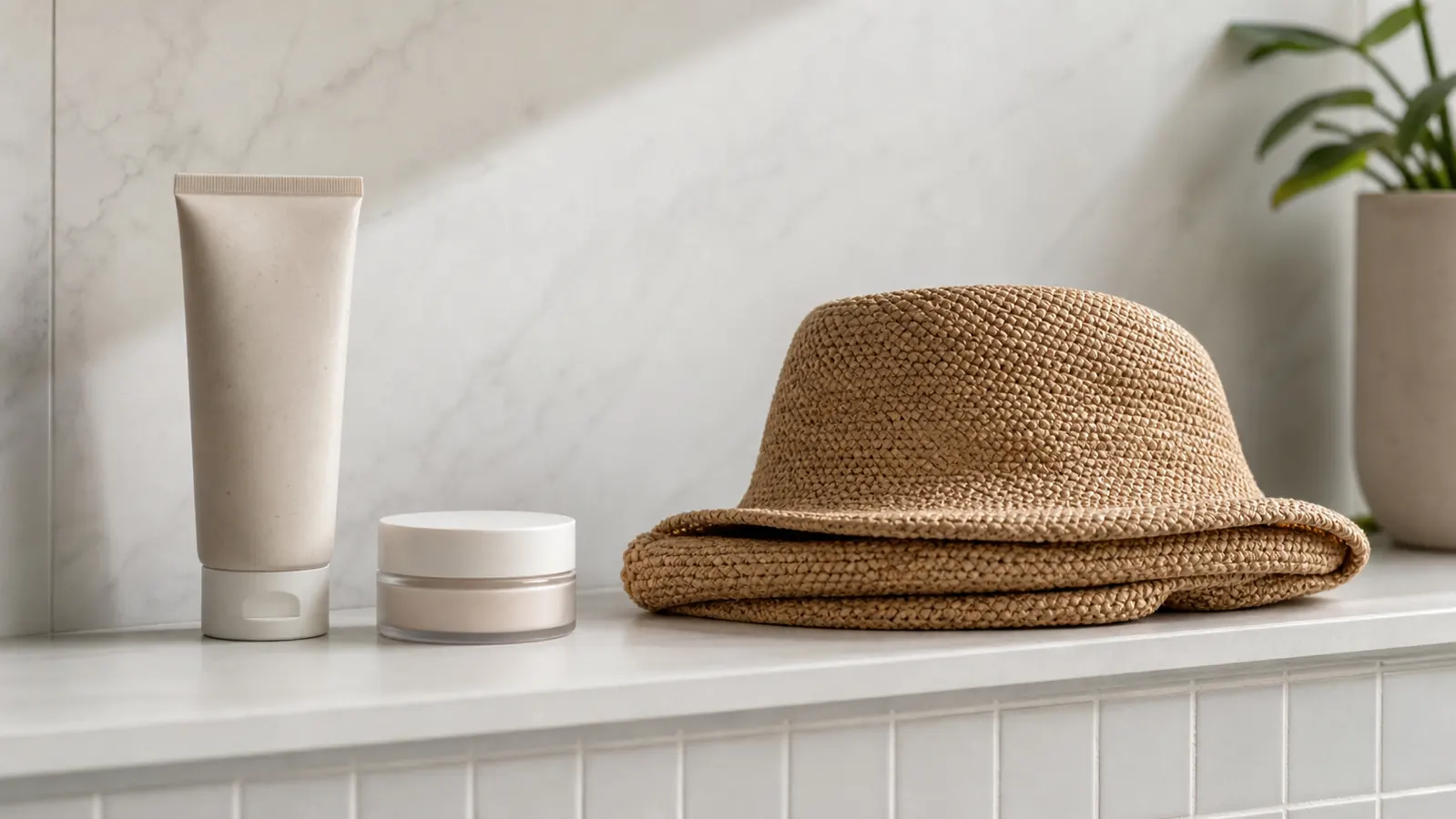 A tidy bathroom shelf with a facial sunscreen, moisturizer, and sunhat lined up as part of a warm-weather routine