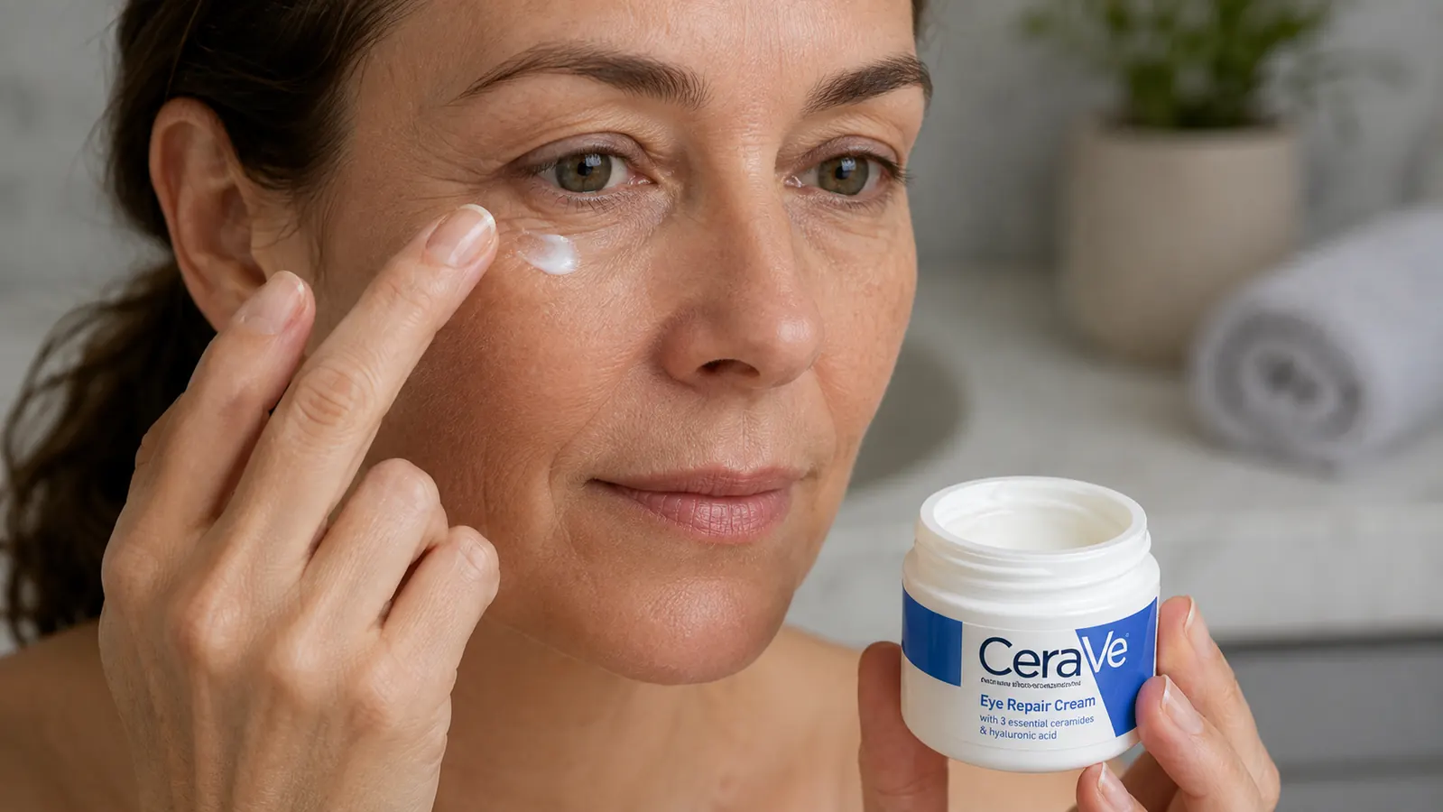 Close-up of a hand using a ring finger to pat a small dab of eye cream just below the eye