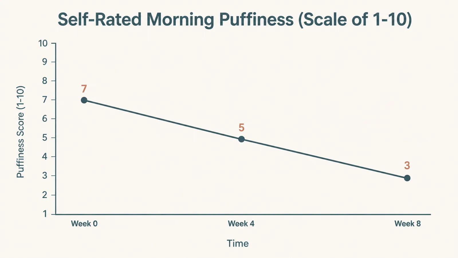 Line chart showing self-rated morning under-eye puffiness dropping from 7 to 5 to 3 out of 10 over eight weeks