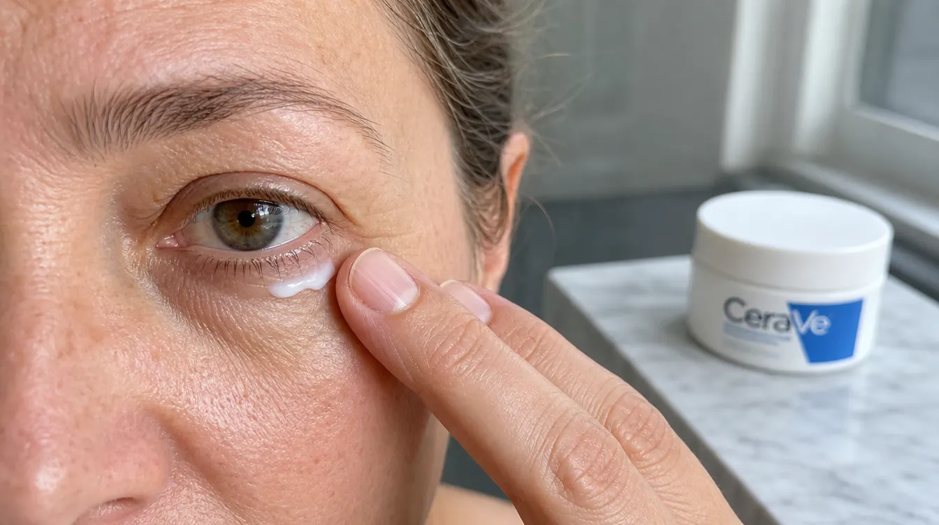 Close-up of two fingertips pressing a small amount of white eye cream just below the lower lash line, with a plain white jar softly visible on the counter behind