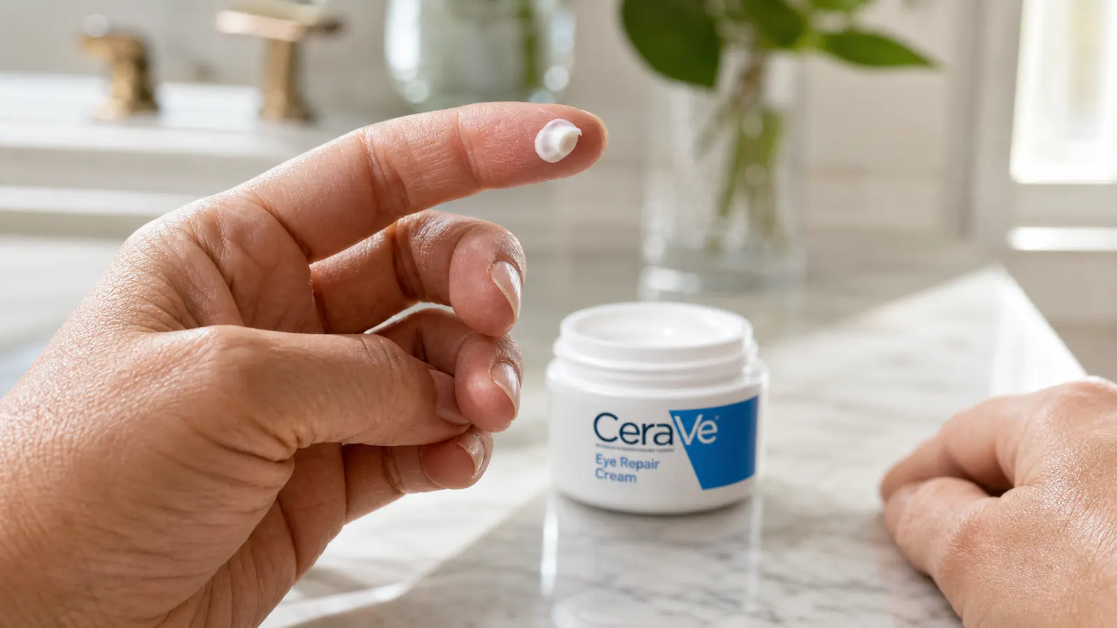 Close-up of a hand with a small dab of white eye cream on the ring finger, held near a bathroom counter with a squat white jar in soft focus behind it