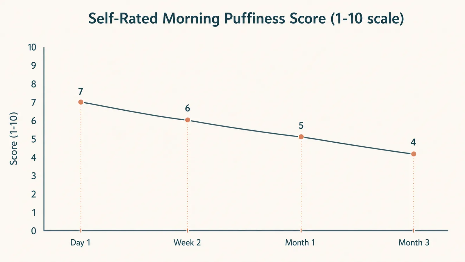 Line chart showing a self-rated morning puffiness score on a 1 to 10 scale falling from 7 on Day 1 to 4 by Month 3