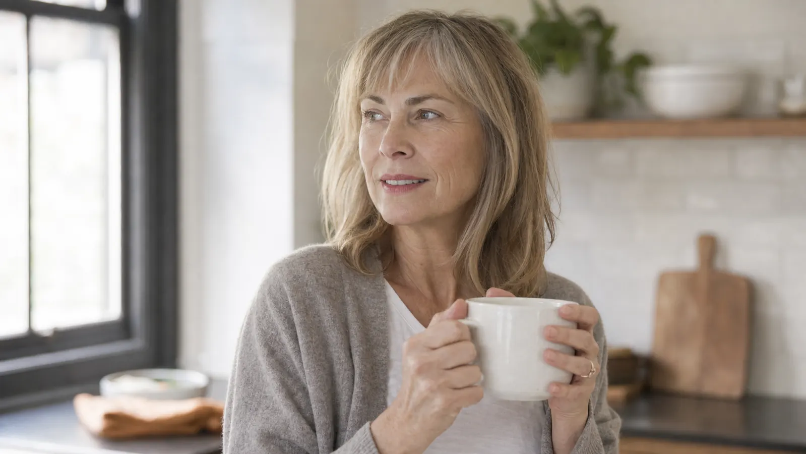 A woman in her fifties standing in a bright kitchen in the morning, holding a coffee mug, eyes looking rested and alert rather than puffy