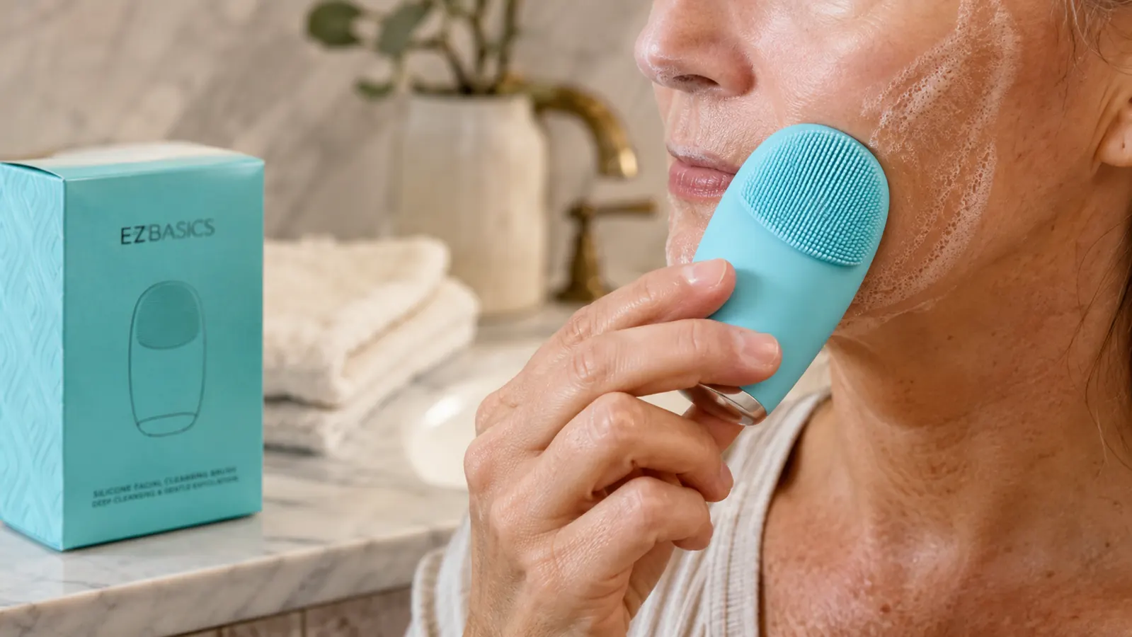 Close-up of a hand holding the silicone cleansing brush against a damp cheek with light foam