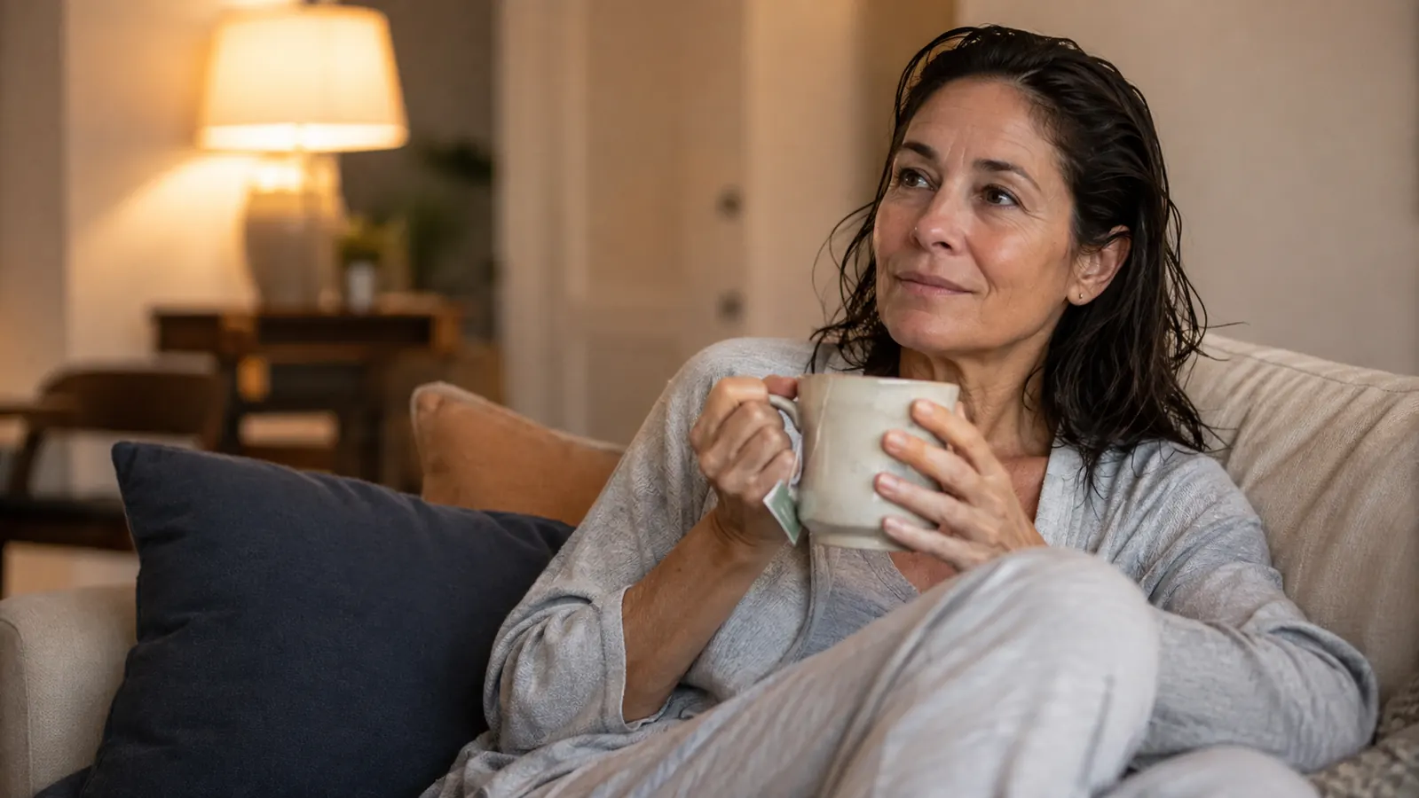 Woman relaxing on a couch with a cup of tea, skin looking calm and fresh after her evening routine
