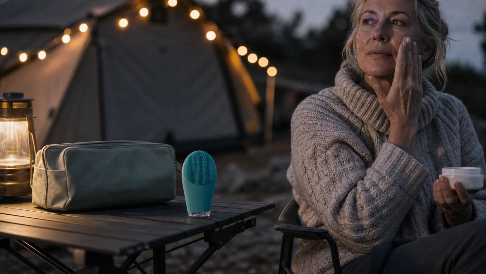 Overnight camping tent scene with a small unplugged skincare device set aside, no outlet in sight