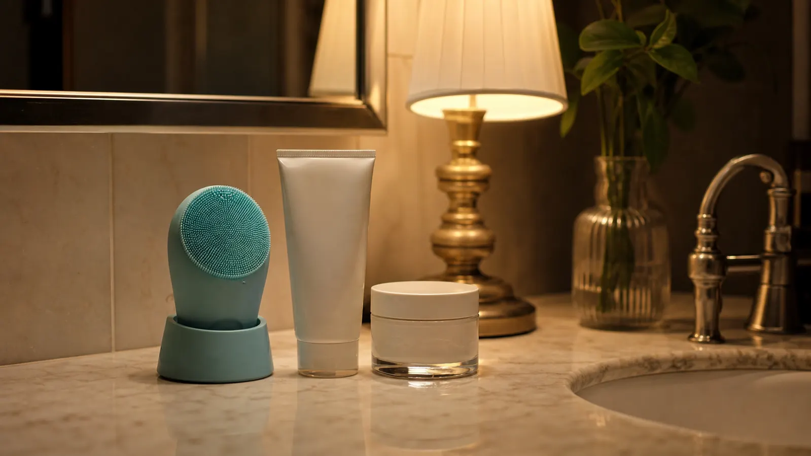 Bathroom counter at night with a small silicone cleansing brush charging beside a sunscreen bottle and moisturizer jar