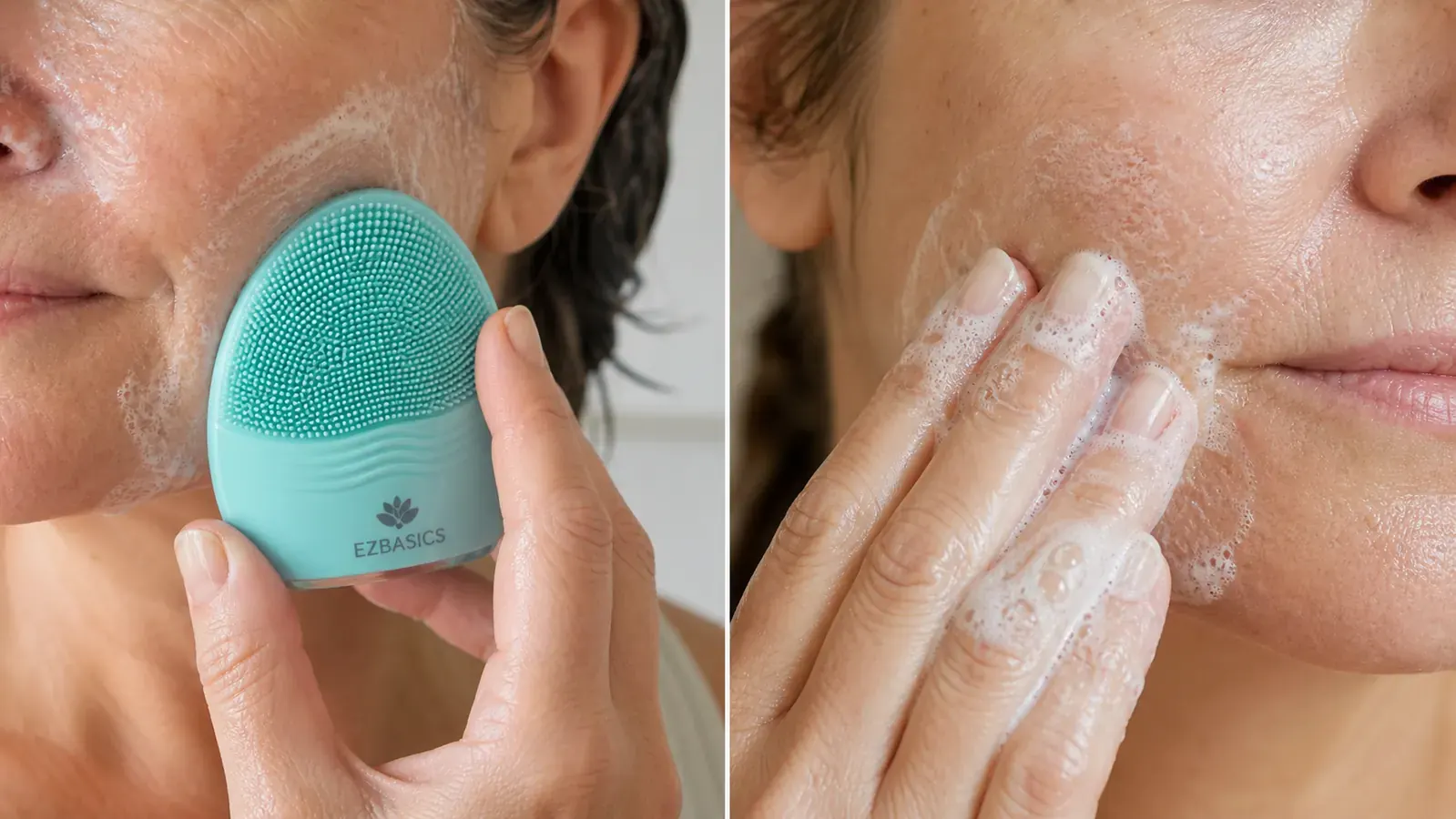 Close-up comparison of bare fingertips on wet skin next to the EZBASICS silicone cleansing brush being held against a cheek