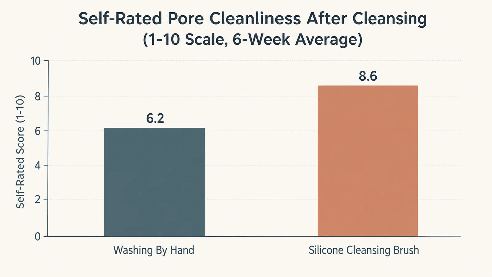 Bar chart comparing self-rated pore cleanliness after cleansing, hand washing at 6.2 versus the EZBASICS brush at 8.6 on a 10-point scale