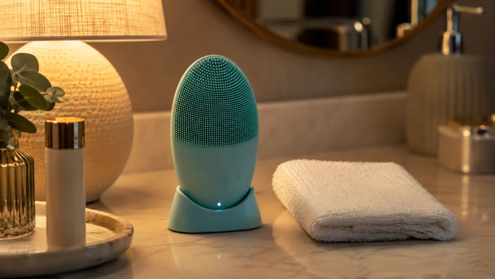 Nighttime bathroom counter with a small cleansing brush upright on its charging stand beside a plain washcloth folded on the sink edge