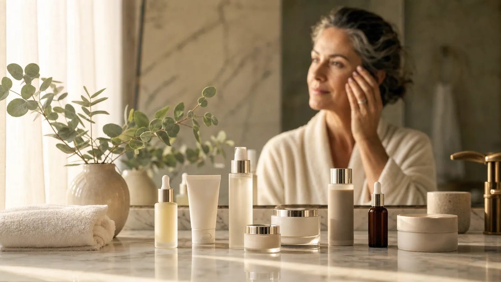 A sunlit bathroom shelf with a few well used skincare bottles and a folded washcloth