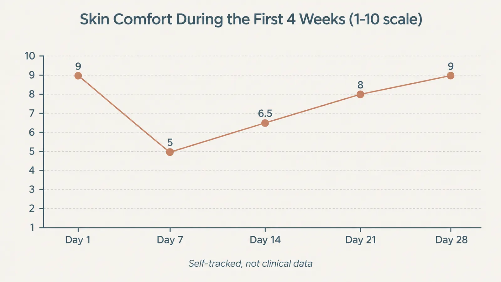 Line chart showing self-rated skin comfort climbing from a dip in week one back up to a 9 out of 10 by week four of gradual retinol introduction