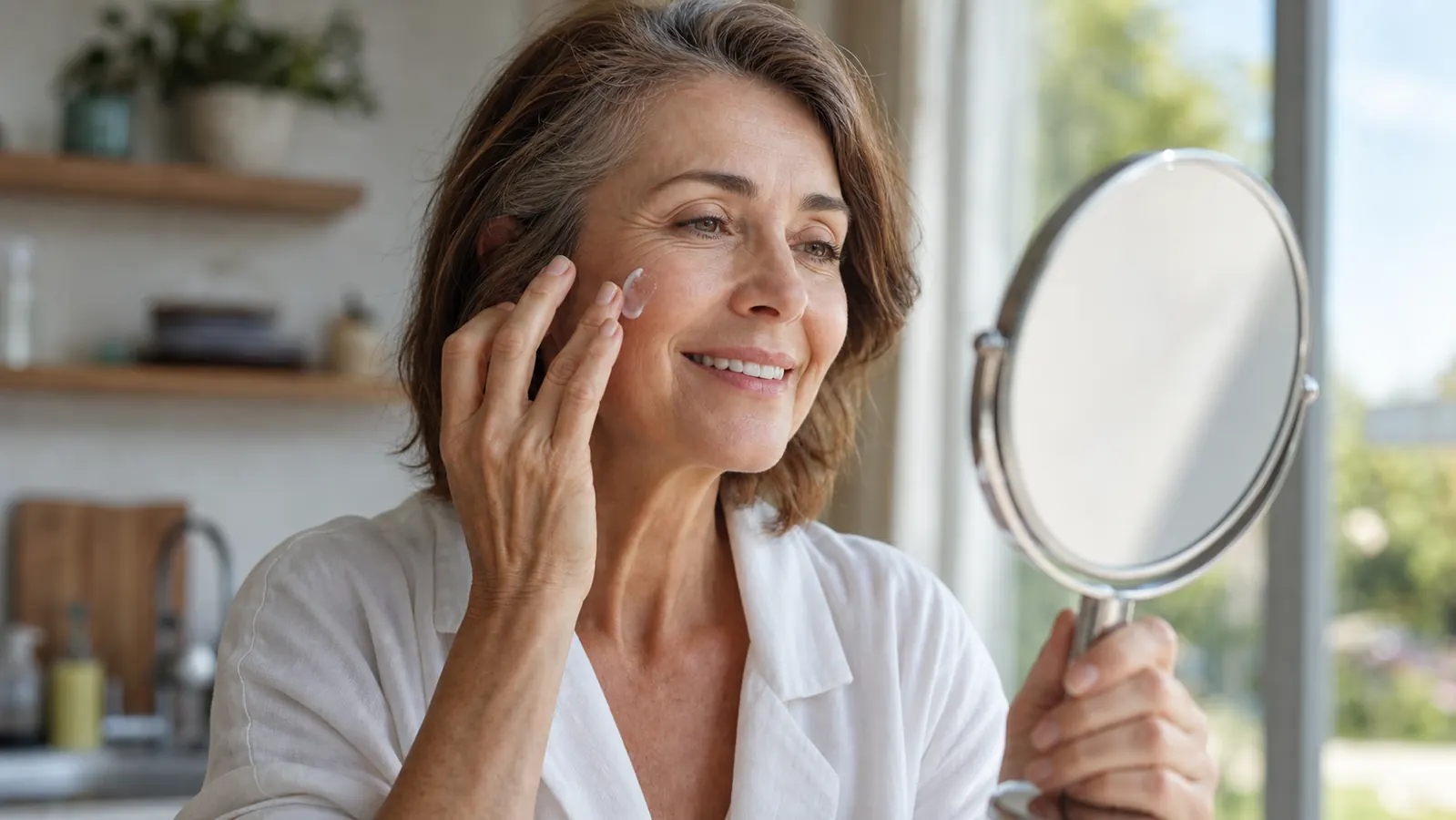 Woman applying sunscreen near a bright window on a sunny morning, small mirror in hand