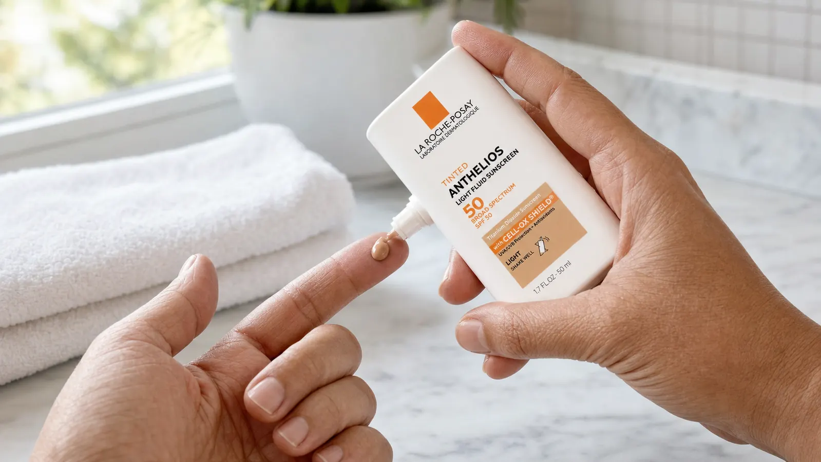 Close-up of a hand squeezing a small amount of tinted mineral sunscreen fluid onto a fingertip above a bathroom sink