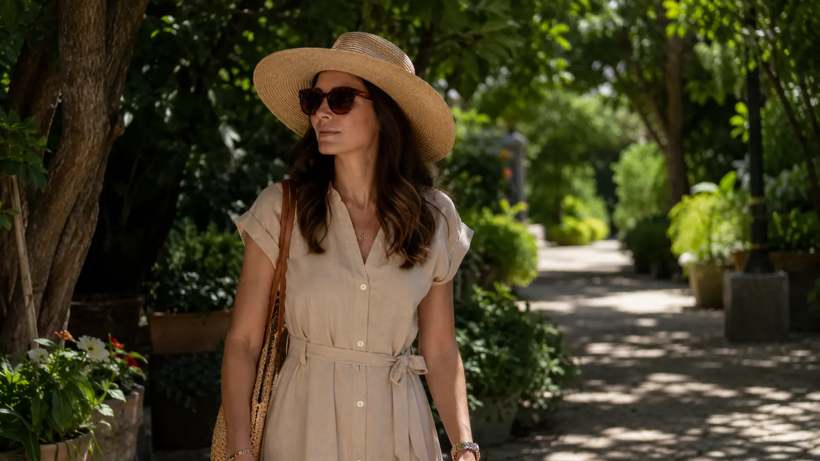 Woman wearing a wide-brim hat and sunglasses walking in a shaded garden path midday