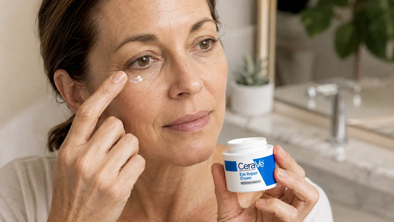 Close-up of a hand using a ring finger to pat a small dot of eye cream from an open CeraVe Eye Repair Cream jar under the eye