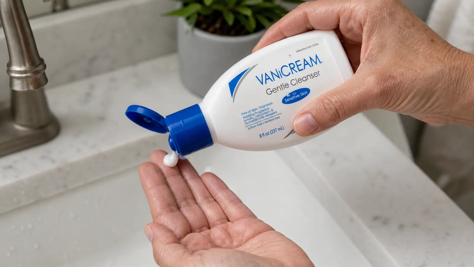 Close-up of a hand dispensing a small amount of gentle facial cleanser onto fingertips over a sink