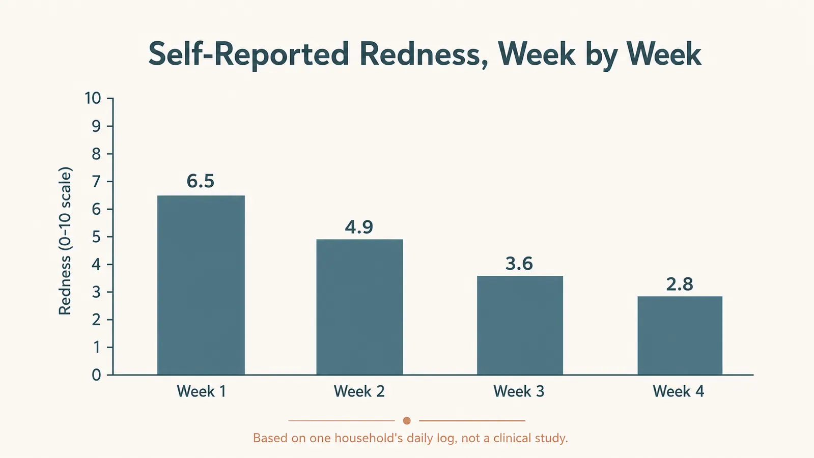 Bar chart showing self-reported facial redness score dropping from 6.5 to 2.8 over four weeks of a gentle routine