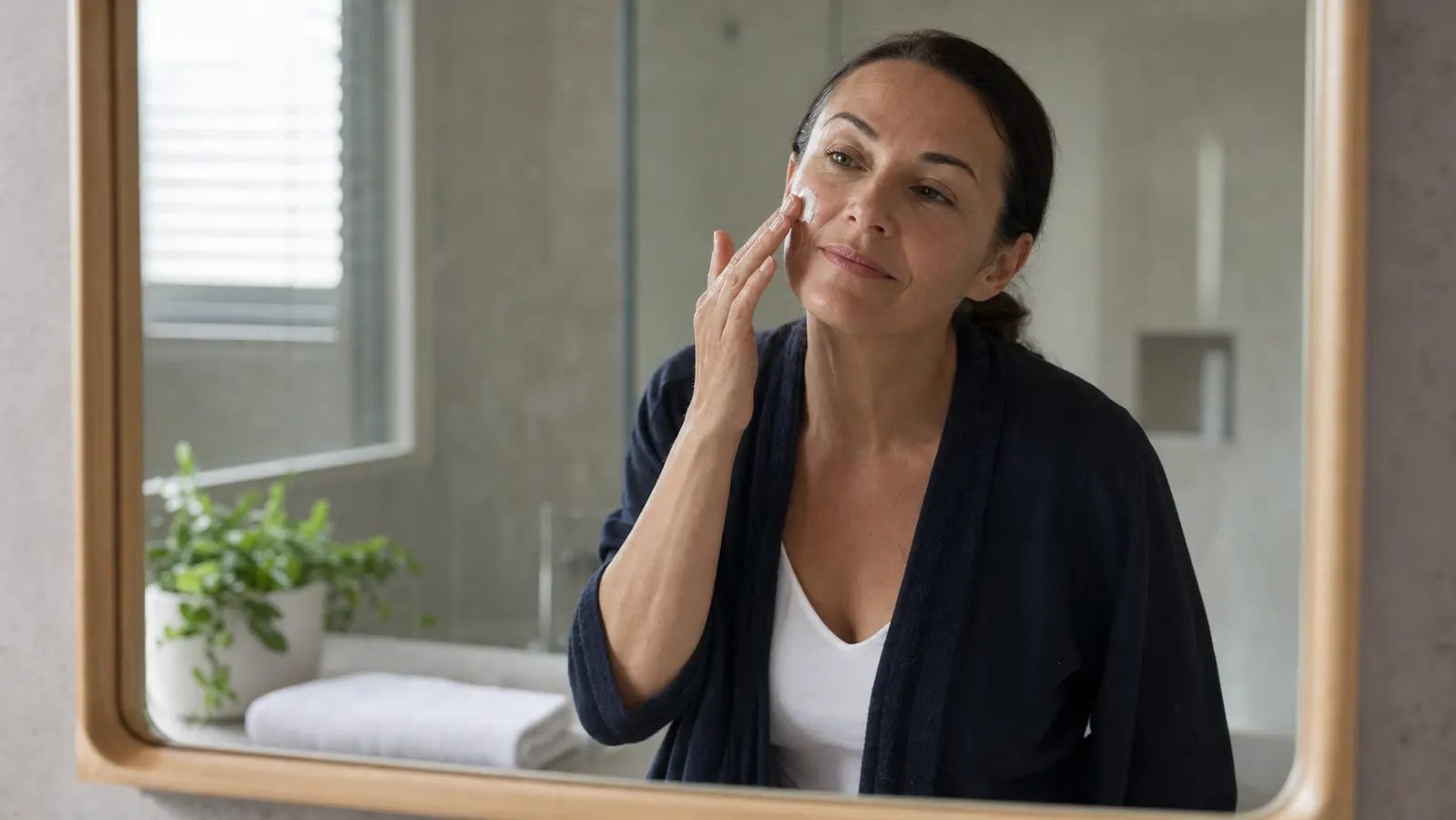 Woman applying moisturizer to her face in front of a mirror after finishing her skincare routine