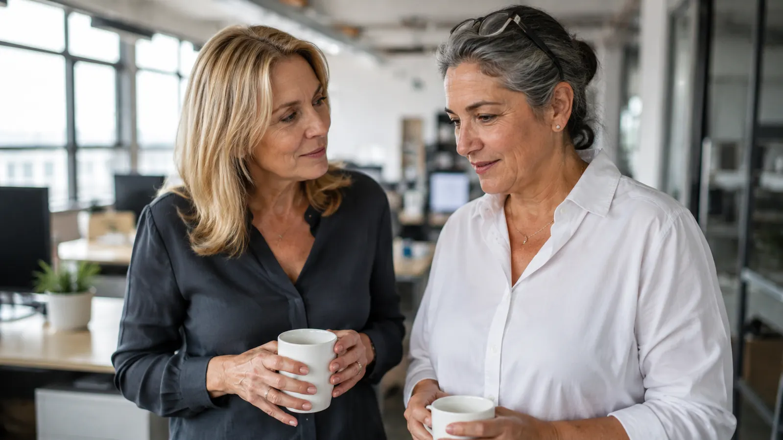 Two women in their 50s laughing together at an office desk, one leaning in as if noticing something about the other's appearance
