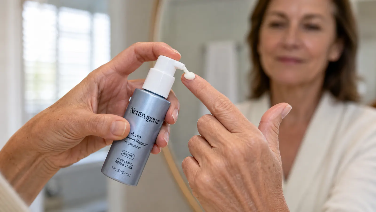 A hand dispensing a pea-sized amount of retinol cream from a white pump bottle onto a fingertip