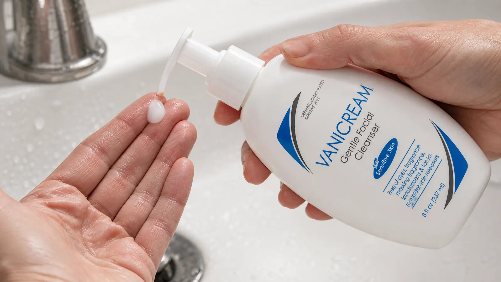 Hand squeezing a small amount of white, unscented facial cleanser onto fingertips over a plain white sink