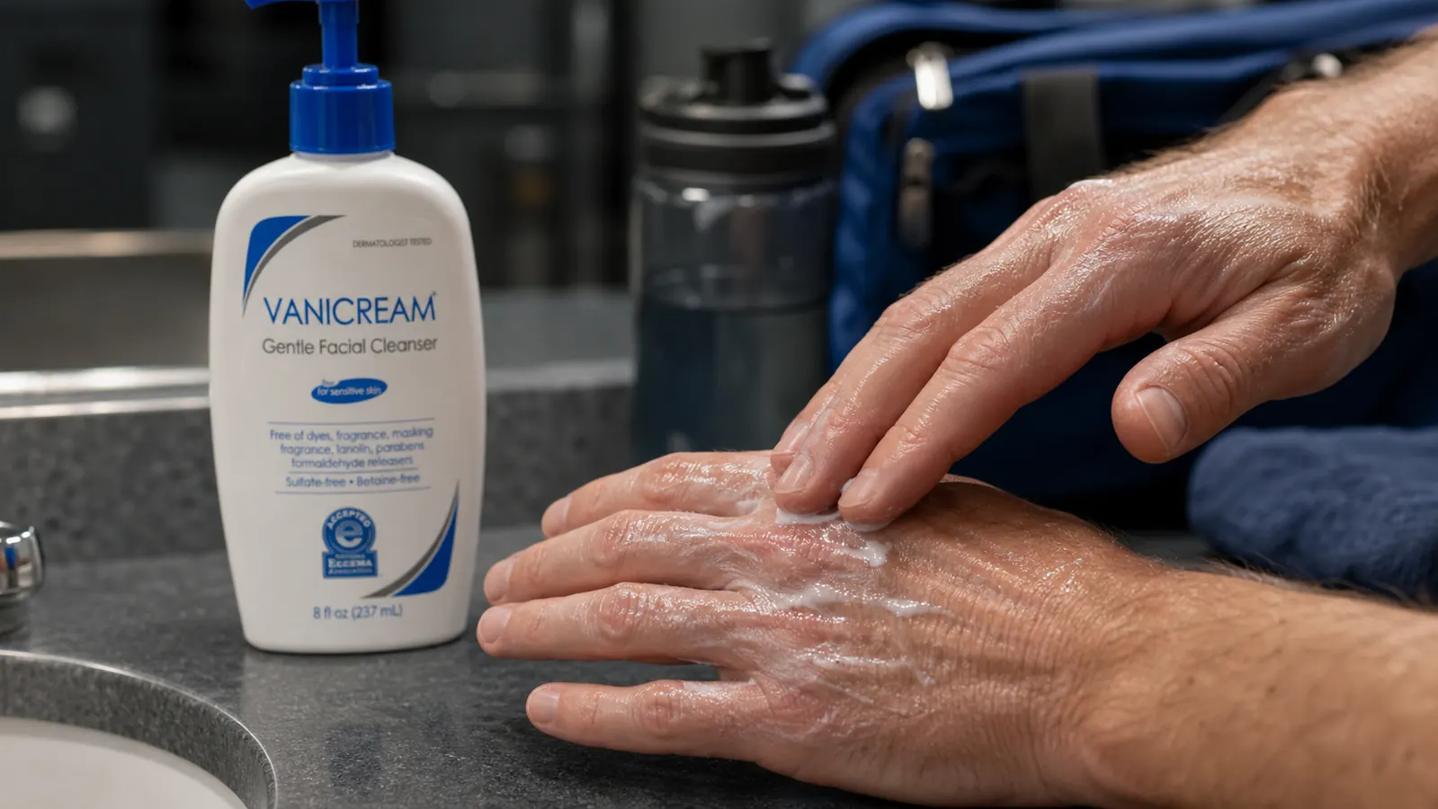 Close-up of a hand pressing a thin white cleanser into the skin at a gym locker room sink after a workout