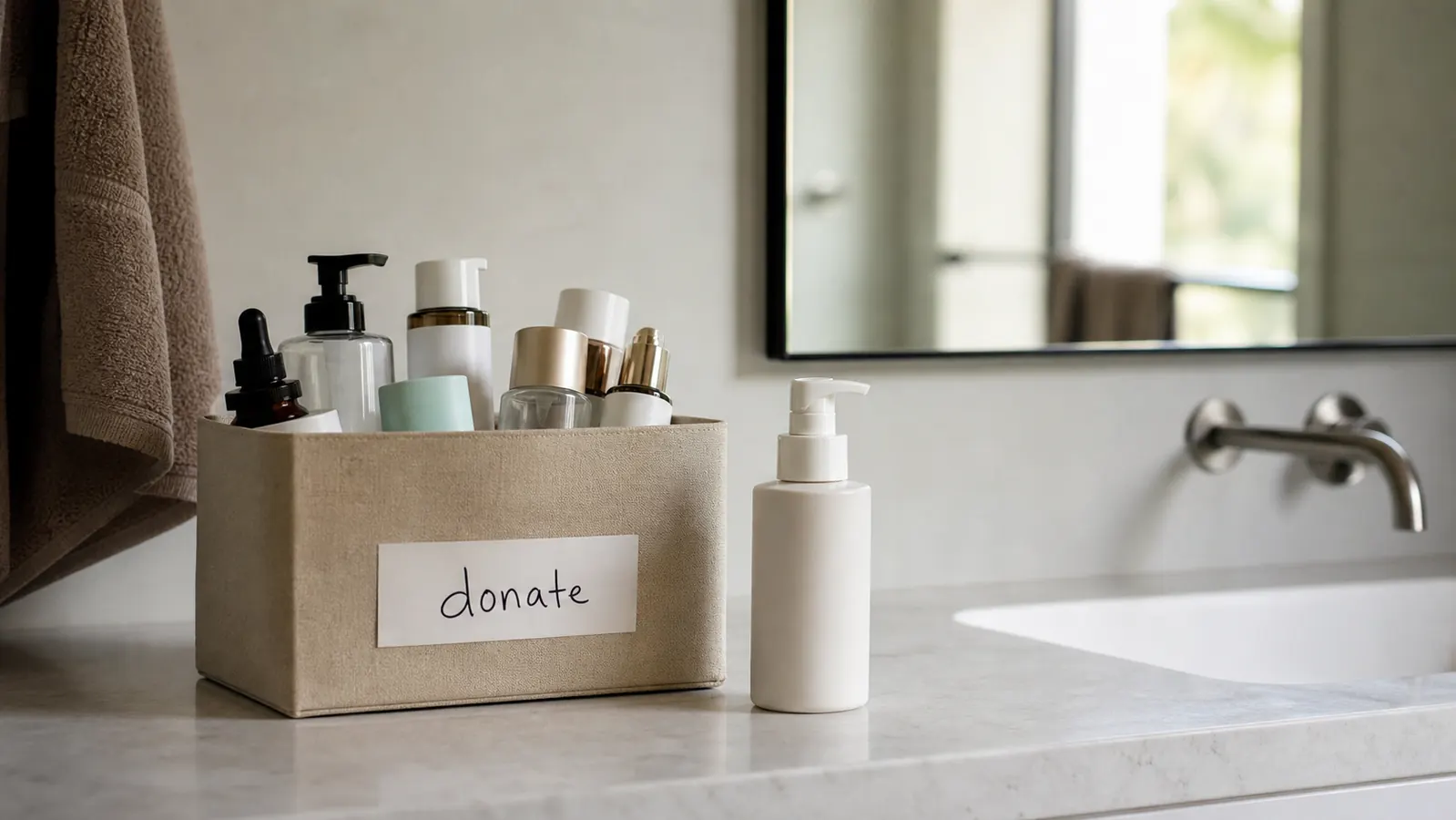 A small donate box filled with several half-used, expensive-looking skincare bottles sitting next to one plain white cleanser bottle alone on a clean bathroom counter