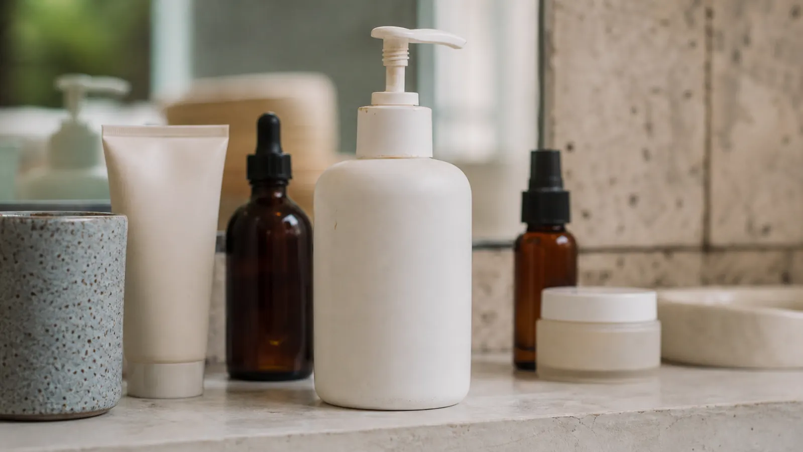 A tidy bathroom shelf with a nearly empty white cleanser bottle sitting among a few other skincare products, three months of visible use on the label