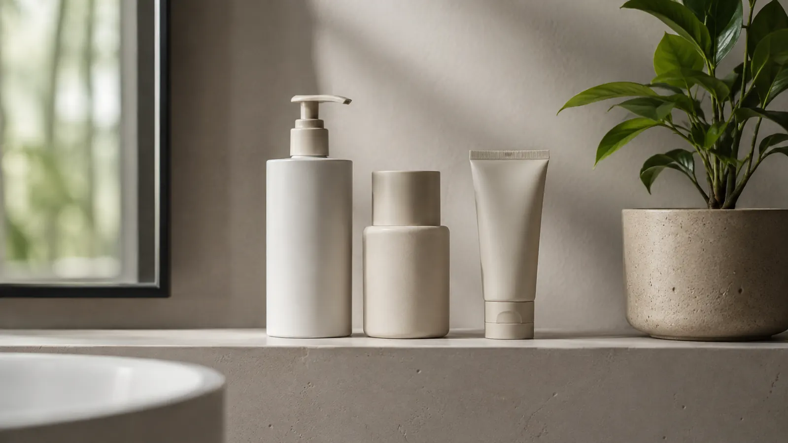 A tidy bathroom shelf with a gentle cleanser, moisturizer, and sunscreen lined up as part of a morning skincare routine